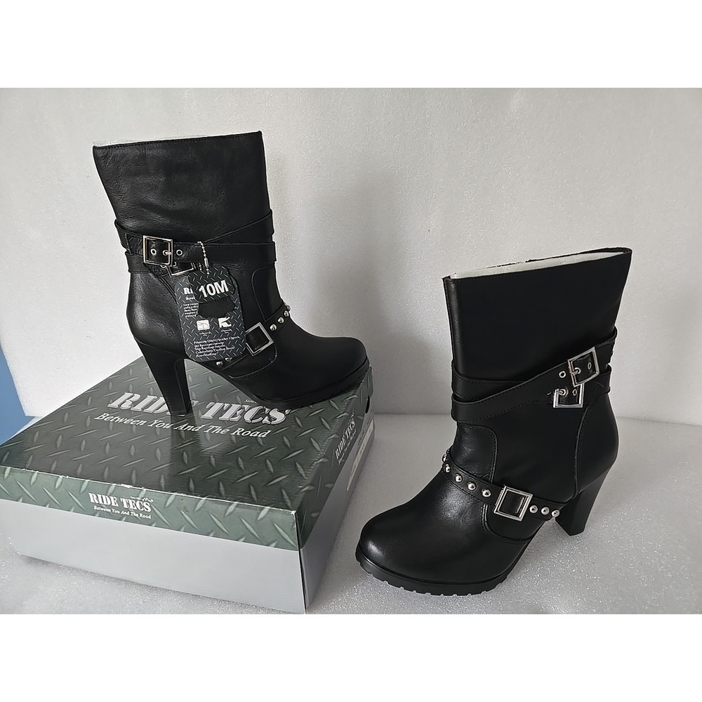 Ride Tecs Womens Black Leather 3 Buckle Motorcycle Biker Studded Riding Boots 10